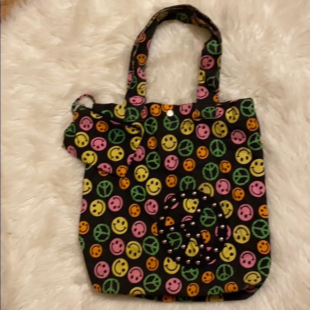 Vintage Black Tote with Neon Smile & Peace Icons